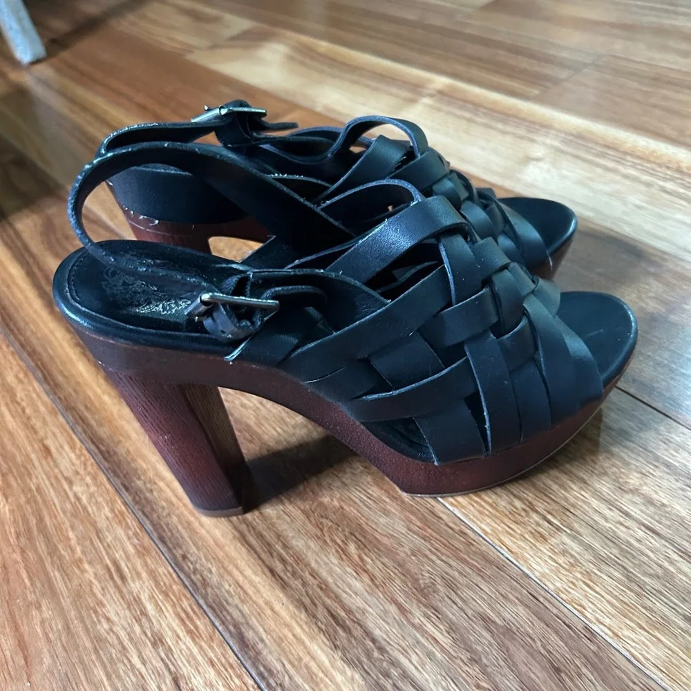 Vince Camuto Black Leather Woven Platform Block Heel Slingback Sandals 8.5M